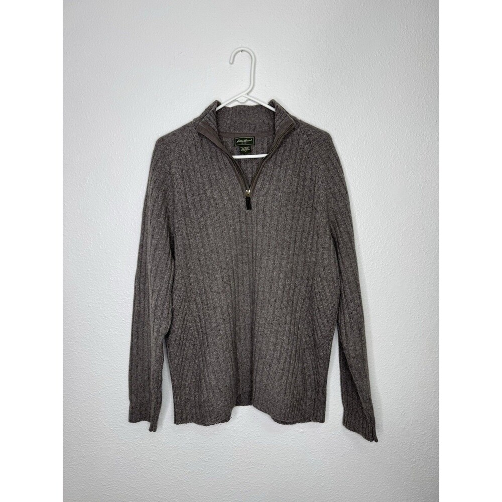Eddie Bauer Mens Lambswool Blend Sweater Size L 1/4 Zip Mock Neck Gray Academia